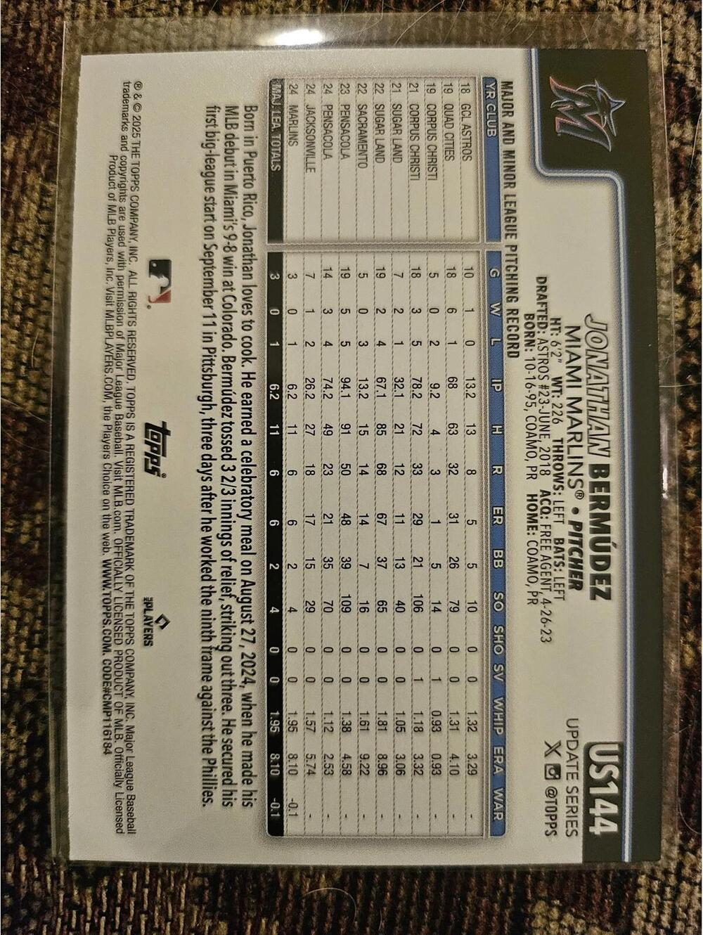 2025 Topps Update - Johnathan Bermudez - RC #US144 - Marlins - RAW Mint - Picture 2 of 2